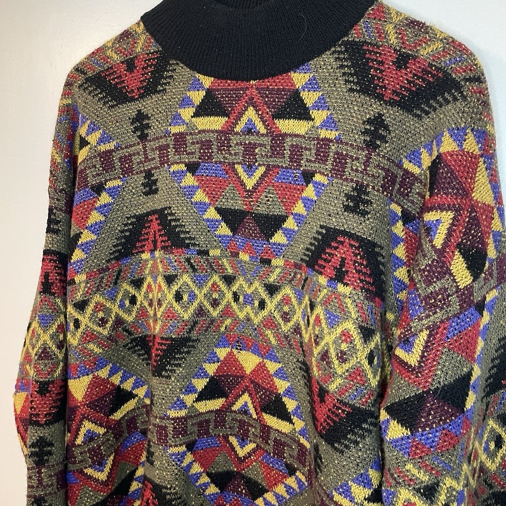 Vintage 90s Coogi Style Sweater Multicolor Aztec Wool Blend Size L Made In Italy - Picture 2 of 9